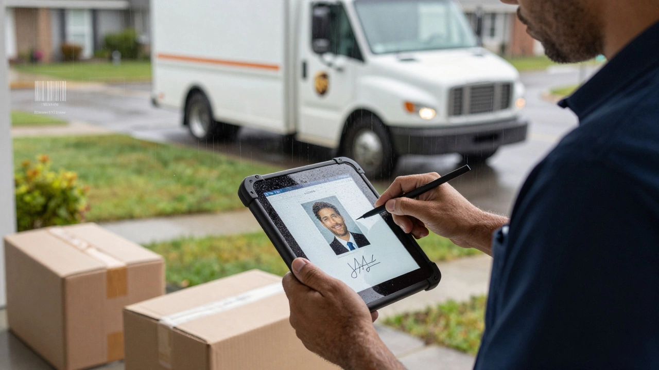UPS driver scanning a package with DIAD tablet at a doorstep, capturing signature and delivery photo in rain.