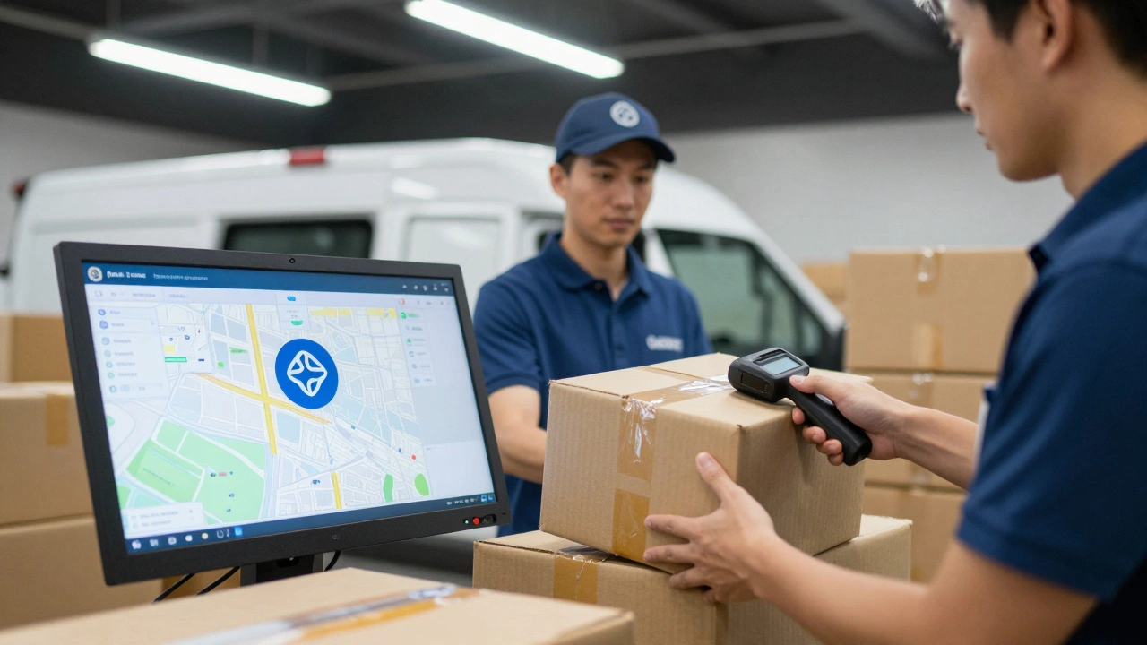 A courier driver loads packages into a delivery van while scanning them with a handheld device in a busy warehouse.