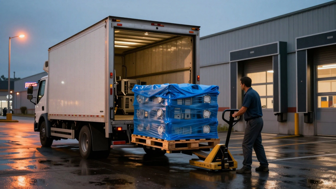 A delivery driver unloading a pallet from a truck using a pallet jack at dusk.