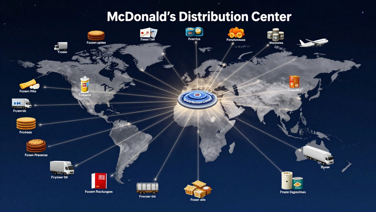 A global network of warehouses connected by transport routes, showing the flow of food and supplies across continents.