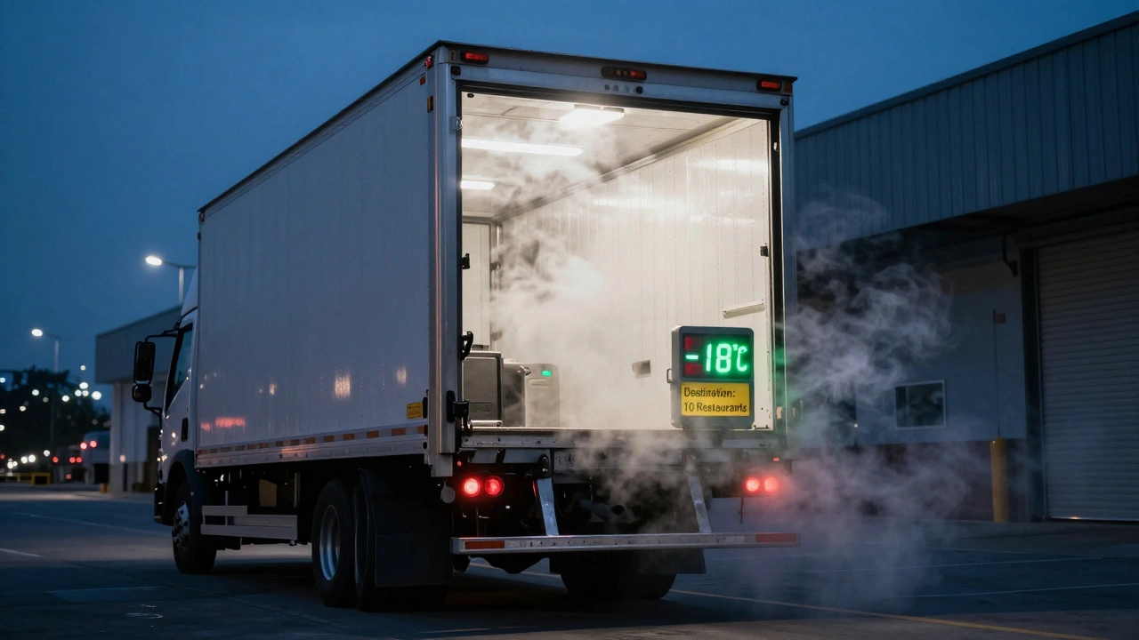 A refrigerated delivery truck leaving a warehouse at night, heading to multiple McDonald's locations under dim streetlights.