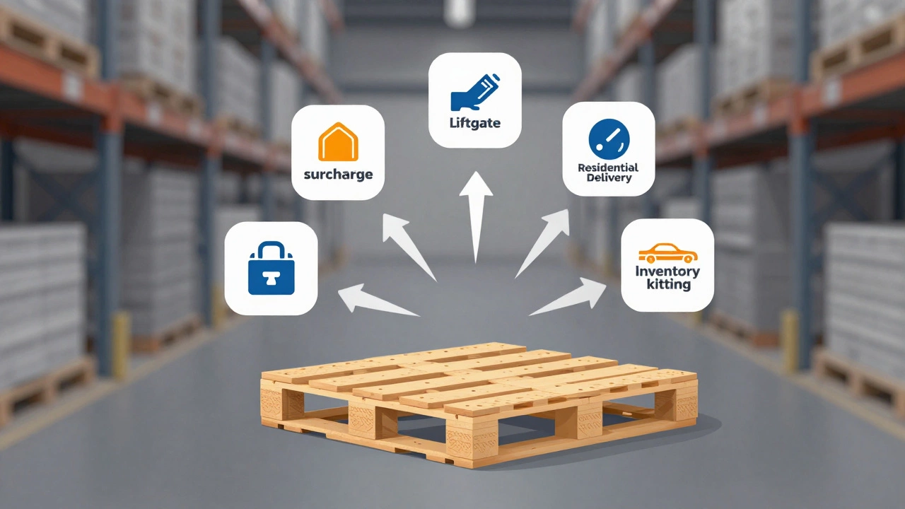 A single pallet surrounded by floating icons representing logistics fees like fuel surcharge and residential delivery.