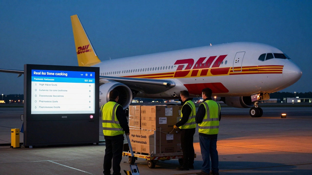 DHL cargo plane unloading high-value goods at Frankfurt Airport at dusk.