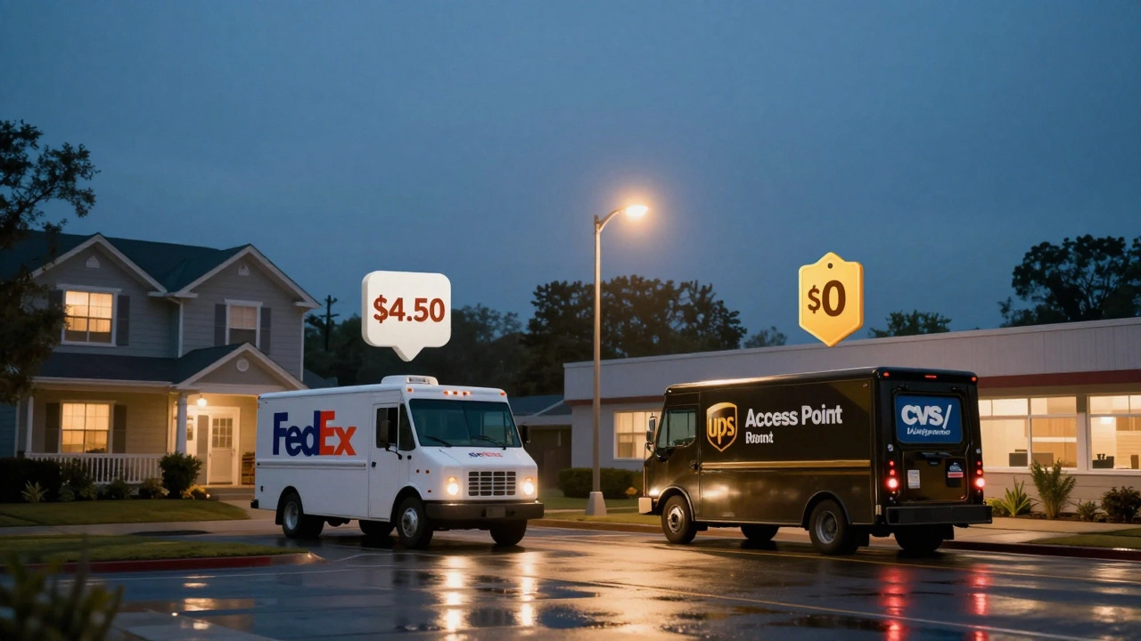 FedEx and UPS trucks approaching homes and businesses, surcharge icons floating above, twilight setting.