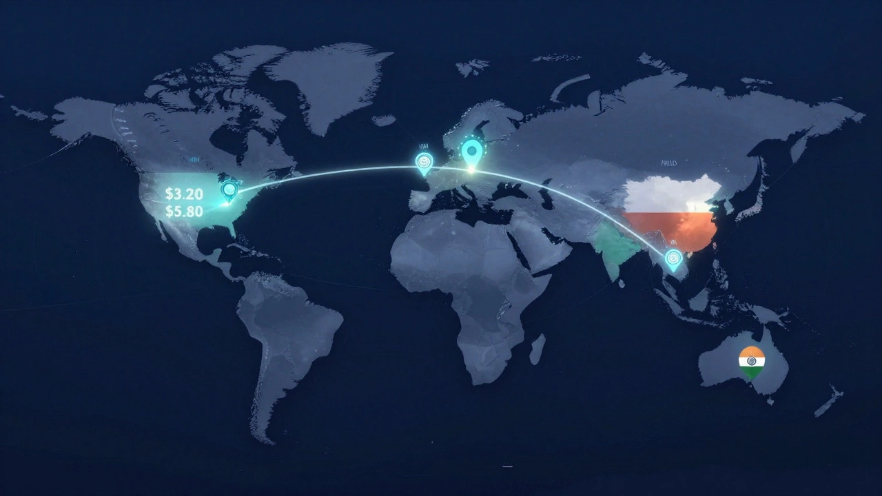 Global shipping routes with cost indicators connecting Asia to Europe and Americas