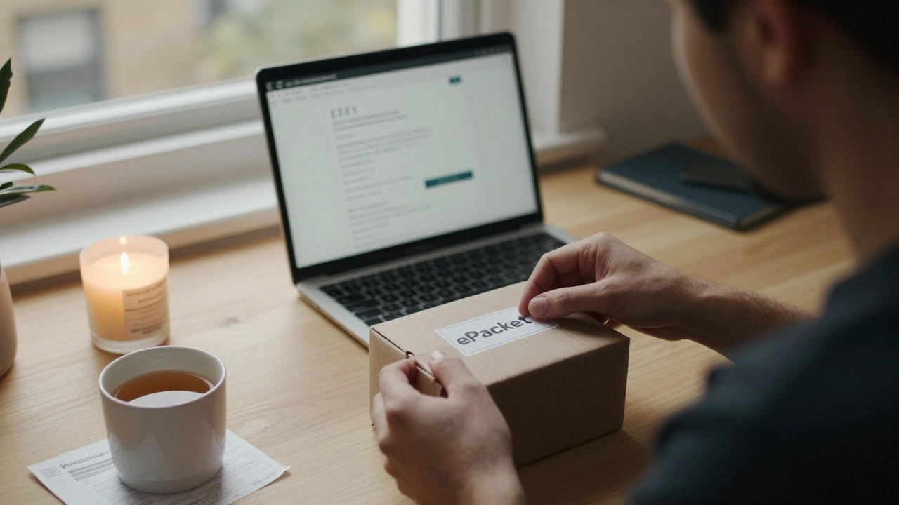 Small business seller sealing an international postal package in a cozy home office.