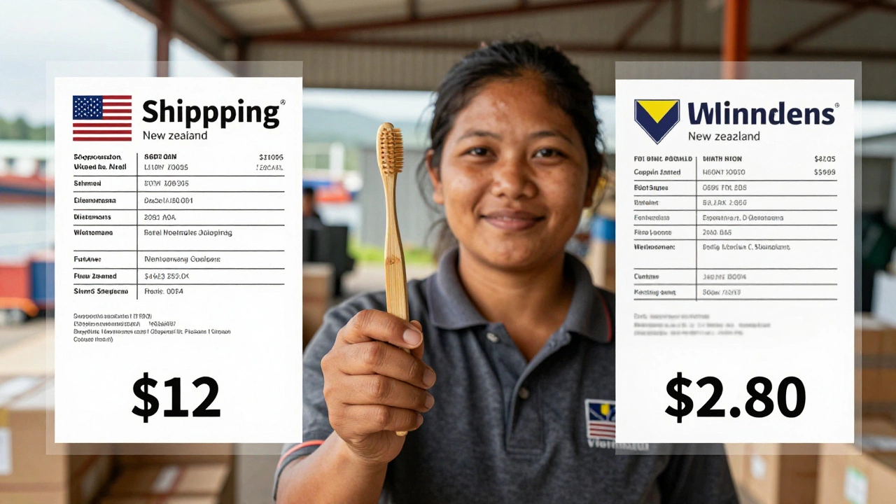 Split-screen showing shipping cost savings from Vietnam vs. New Zealand