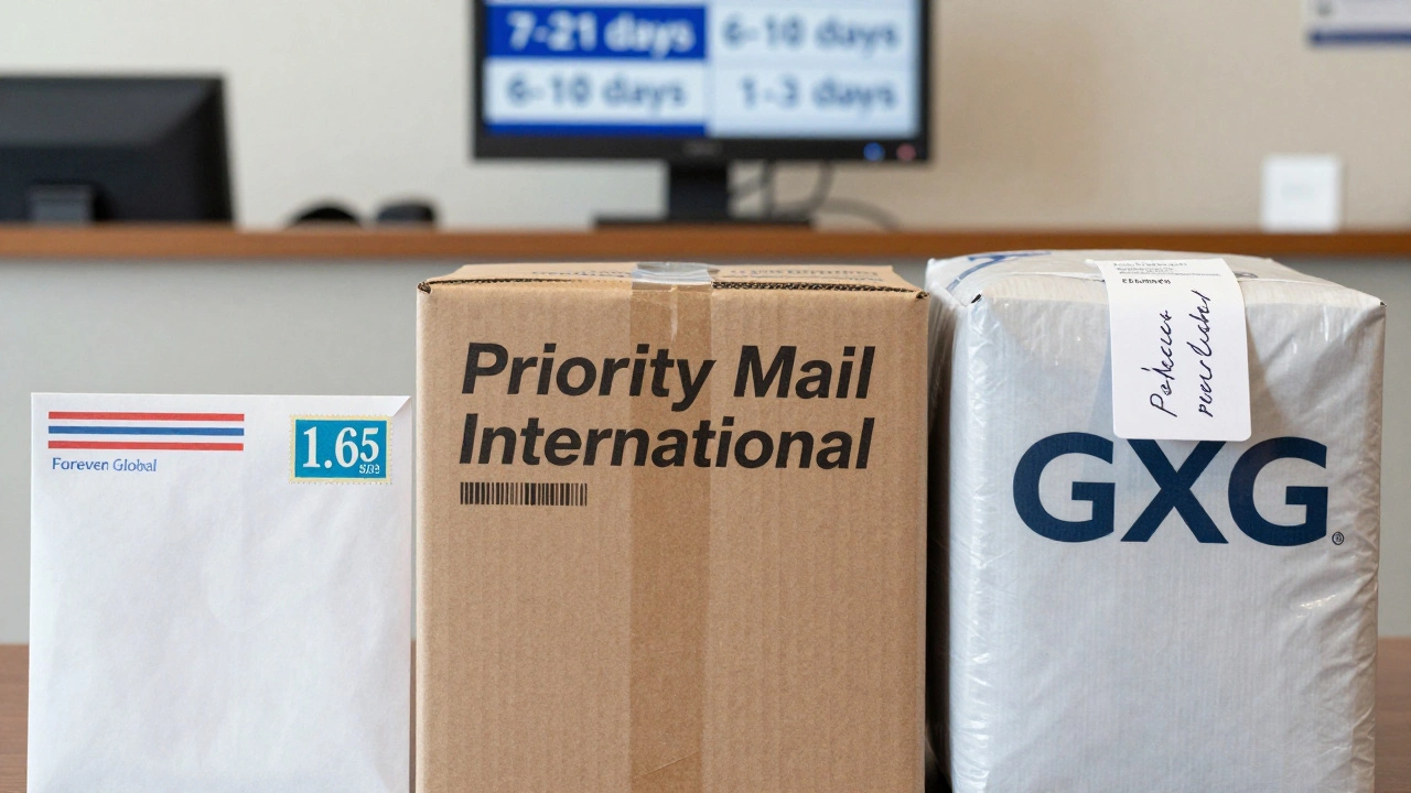 Three USPS international shipping options: stamp, box, and premium package with delivery times displayed.