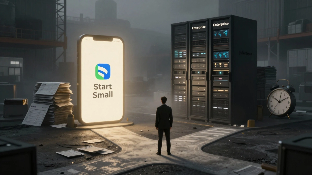 A business owner at a crossroads between simple and enterprise logistics systems in a foggy warehouse setting.
