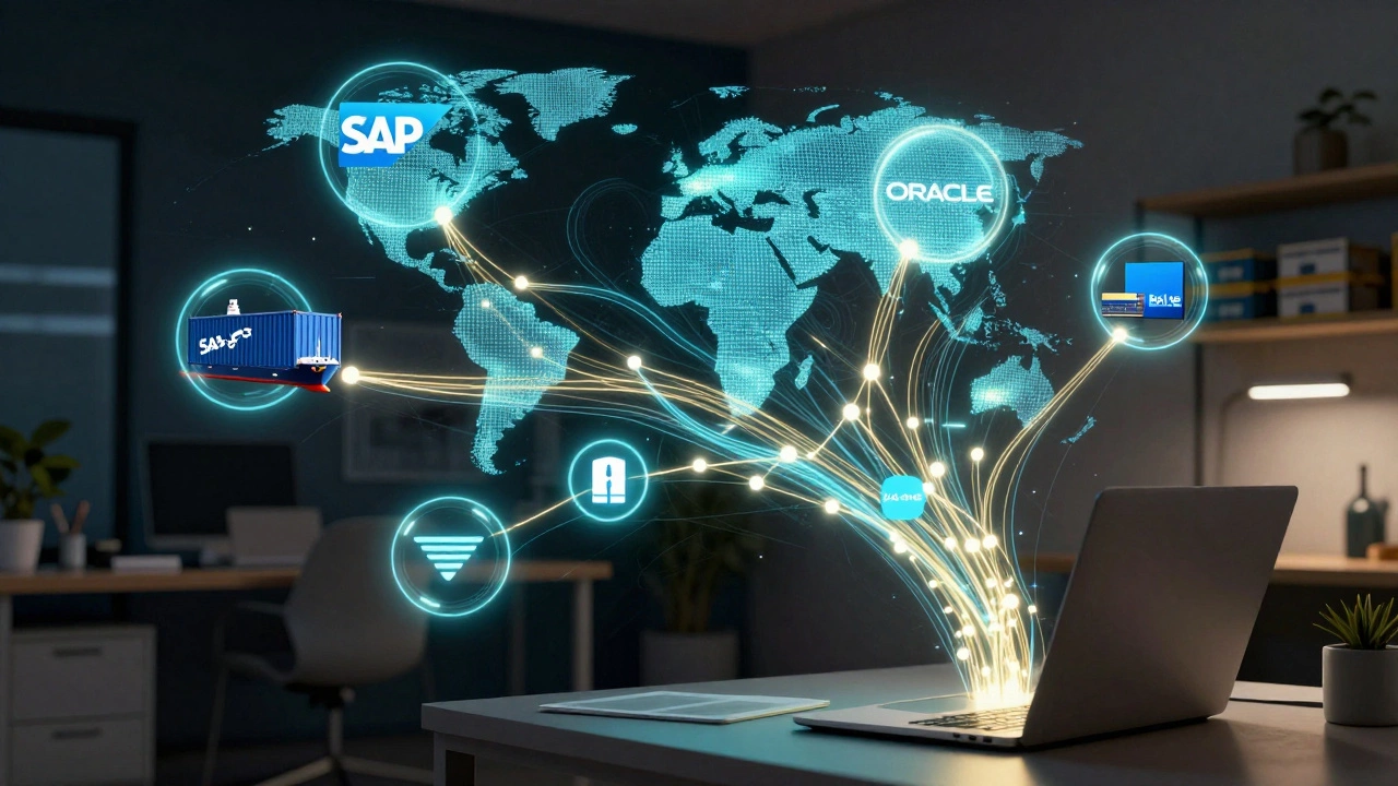 A glowing neural network of logistics software systems connecting a laptop to global shipping networks in abstract digital art.