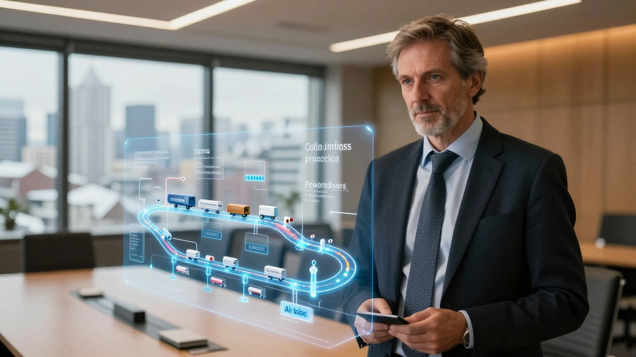 A logistics director in a Zurich boardroom presenting a holographic supply chain model with pharmaceutical logistics layers.