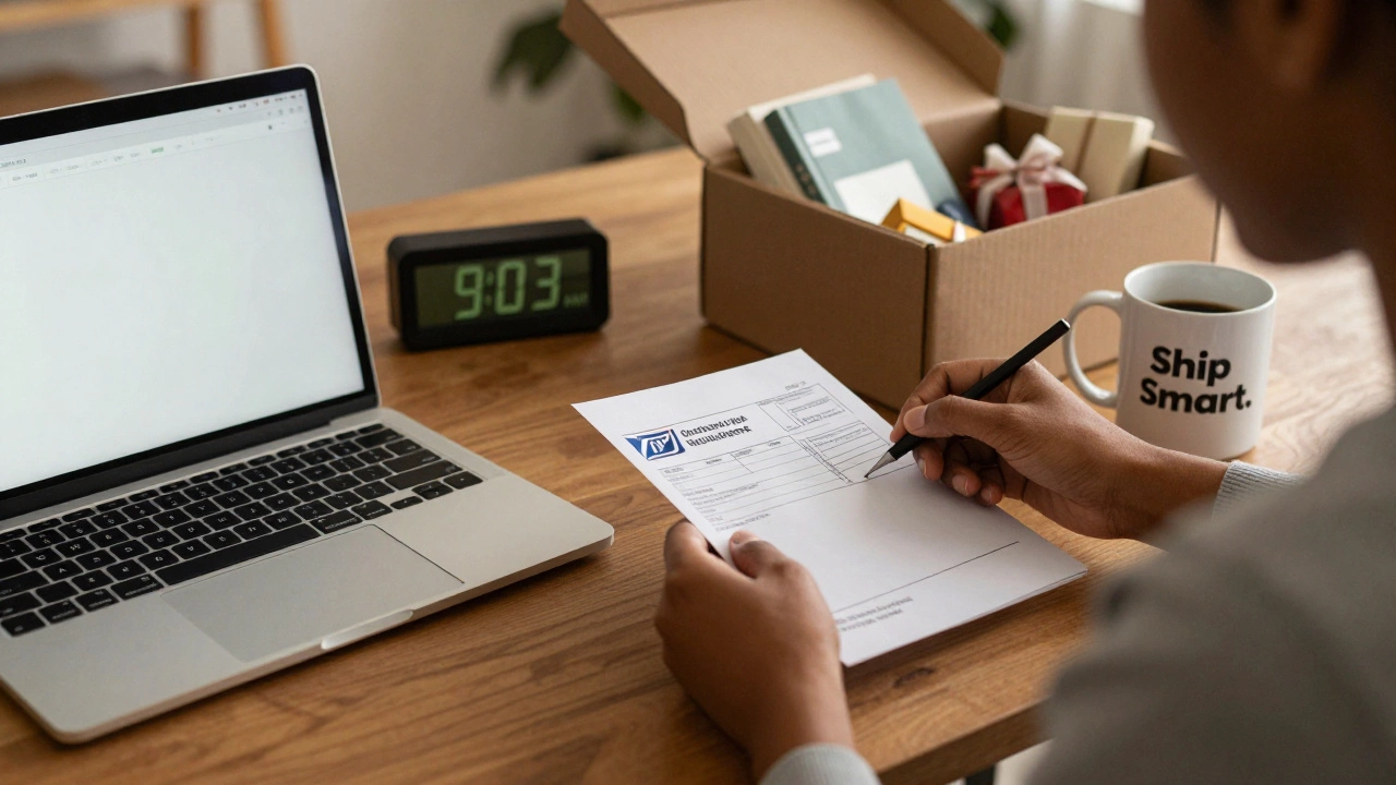 A person printing a USPS shipping label at home with a flat-rate box and books visible.