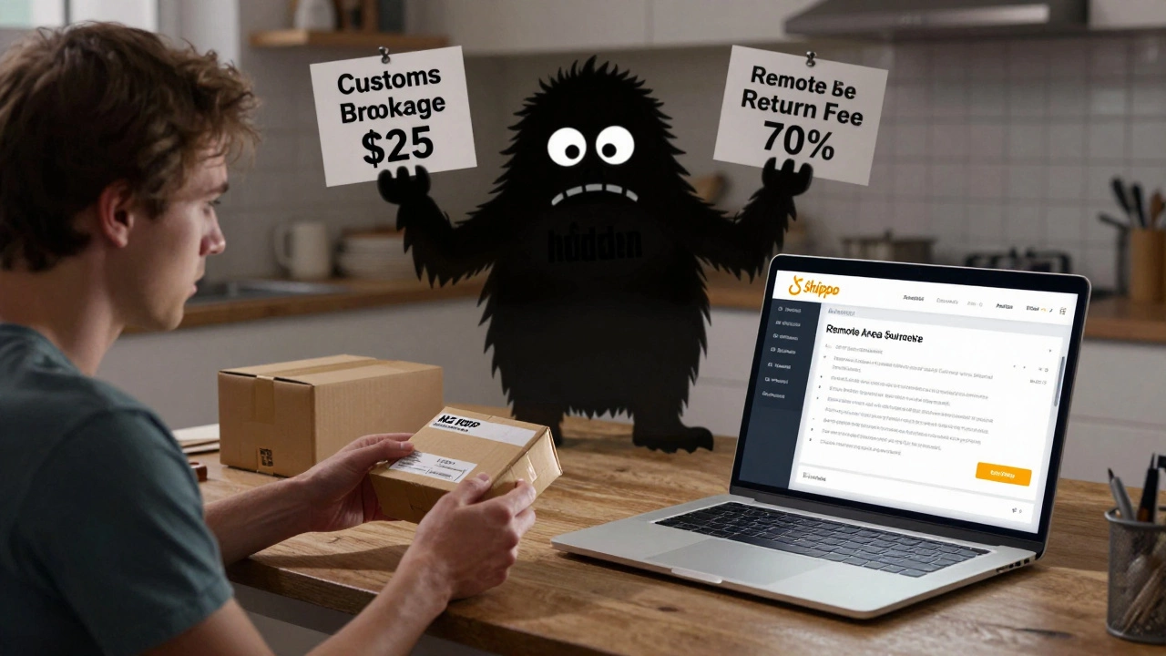 A person worried beside a parcel as hidden fees manifest as shadowy monsters, while a calm app interface shows a better shipping option.