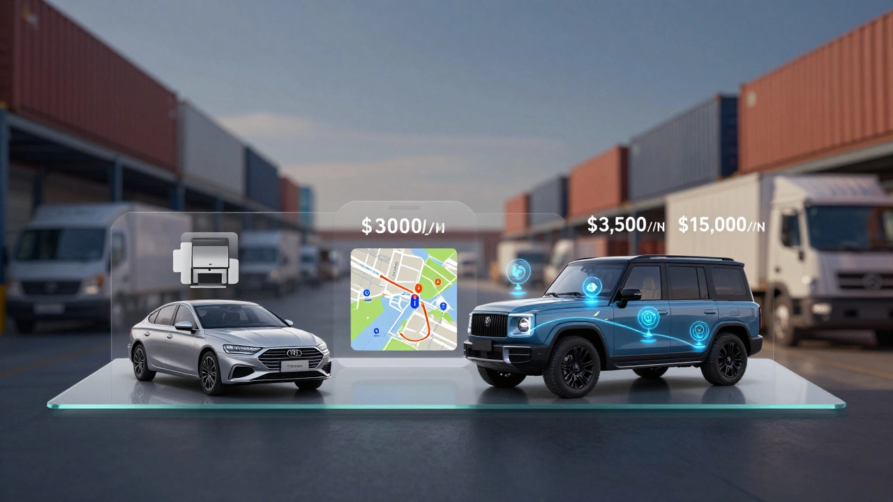 A transparent car dashboard showing three logistics software tiers as features with price tags and icons.