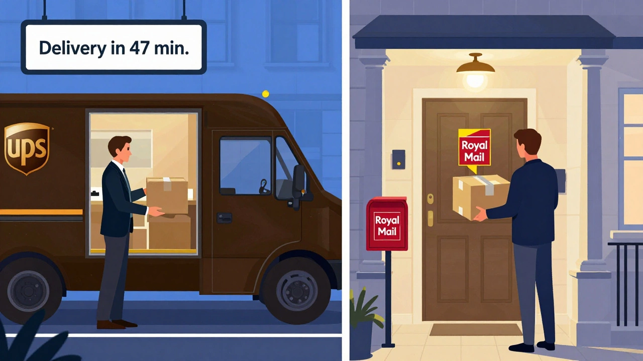 A UPS delivery to a business vs. a USPS delivery to a home, showing different international experiences.