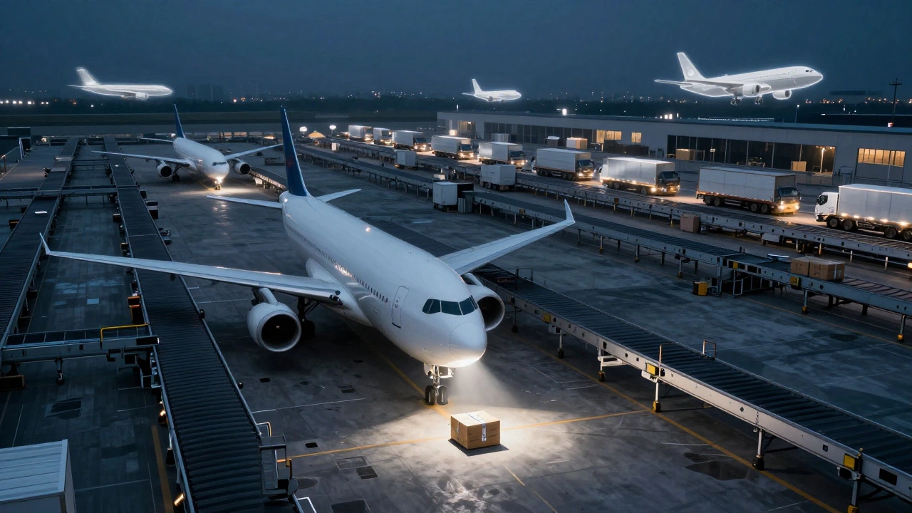 An empty logistics facility at midnight with one unprocessed package on the floor, symbolizing a missed overnight cutoff.
