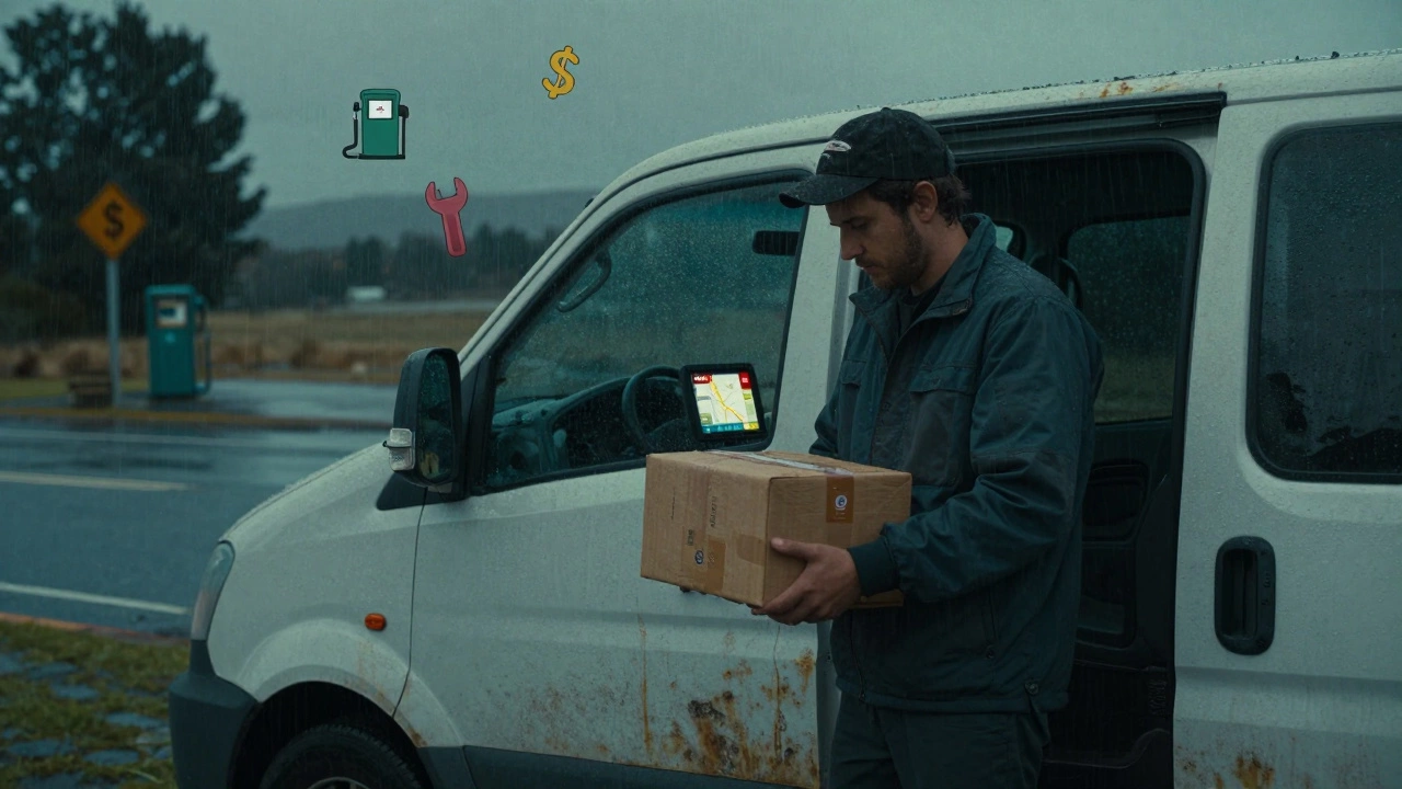 Delivery driver beside a van at dusk, rain reflecting on the road, symbols of expenses floating nearby.
