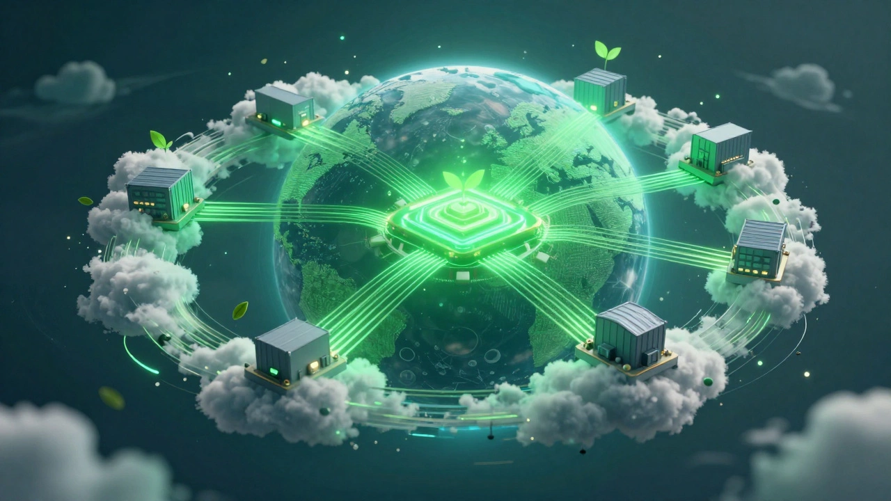 Global cloud network with green energy waves around planet.