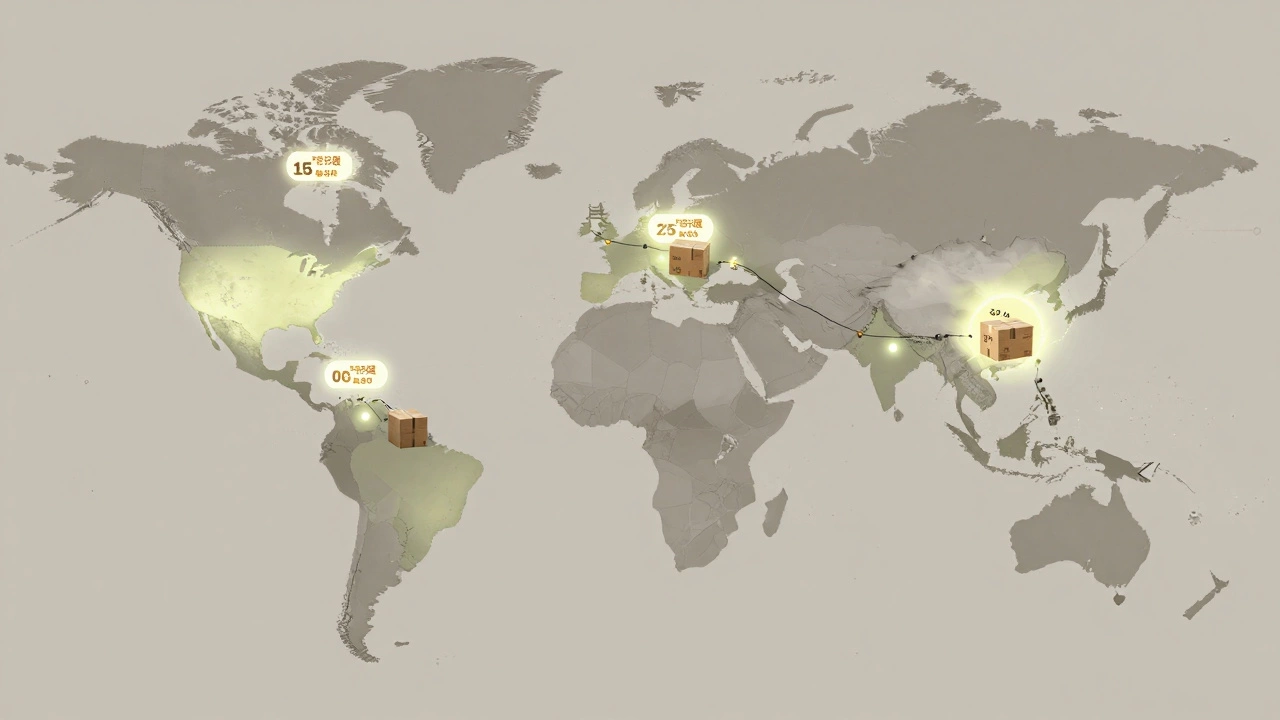 Global map showing shipping routes and costs from Auckland to key international destinations.