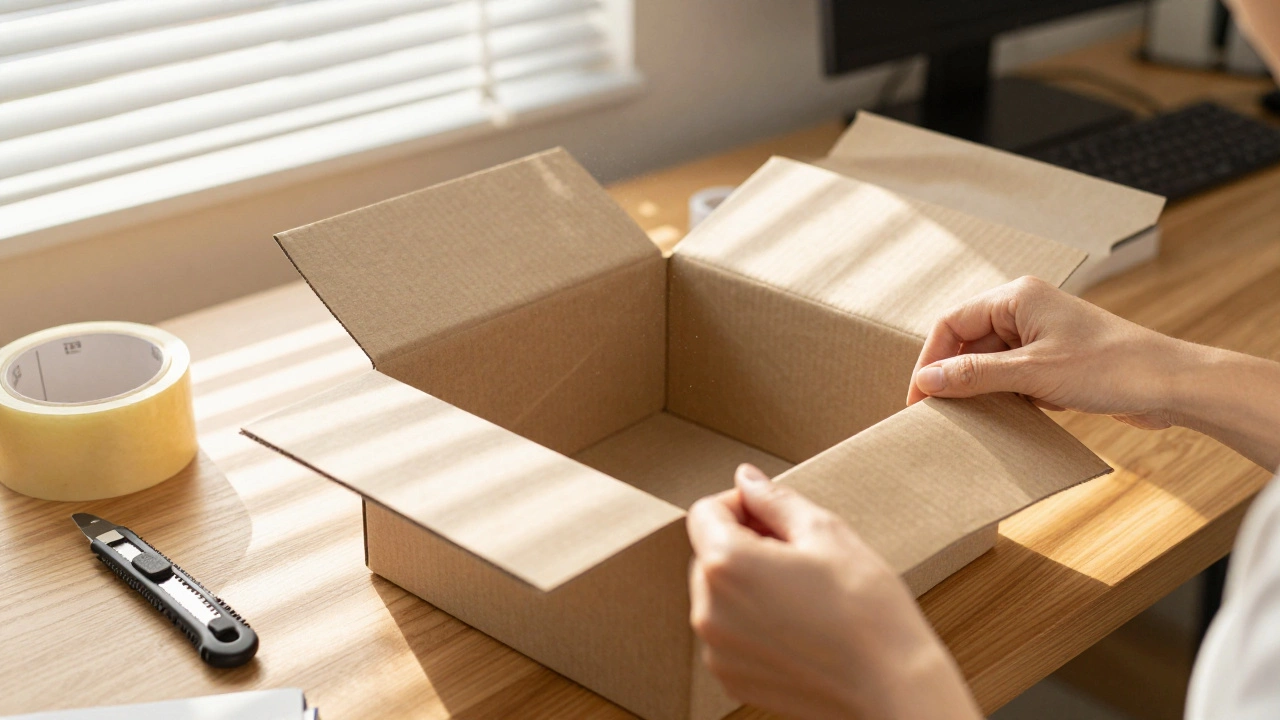 Hands packing items tightly in a small box
