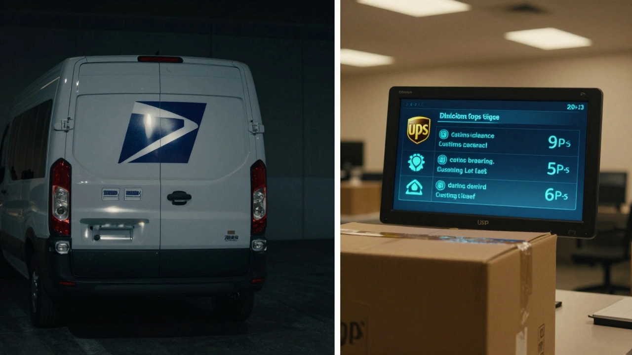 Left side: USPS package lost in模糊 foreign postal system; right side: UPS package with real-time tracking updates on digital dashboard.