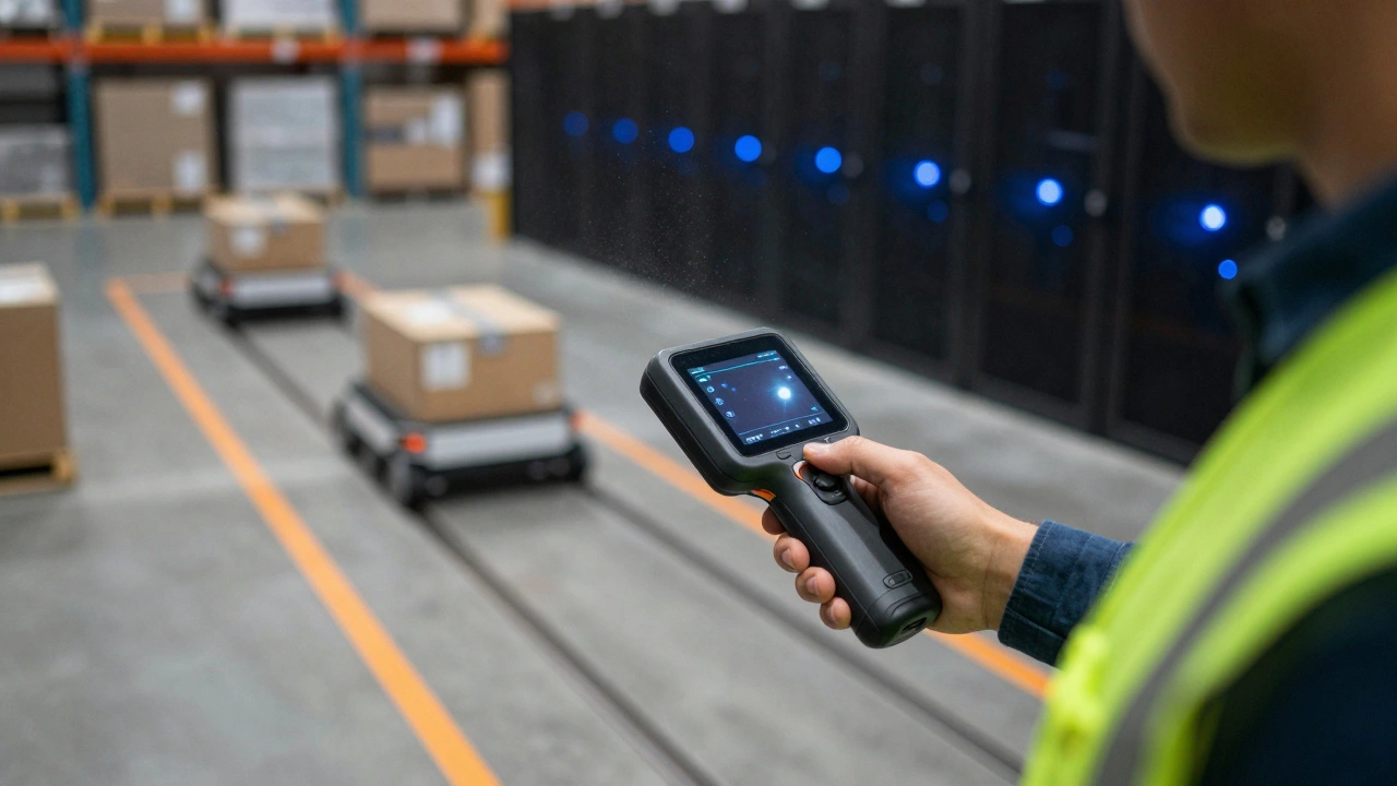 Logistics manager scanning items with robots in background.