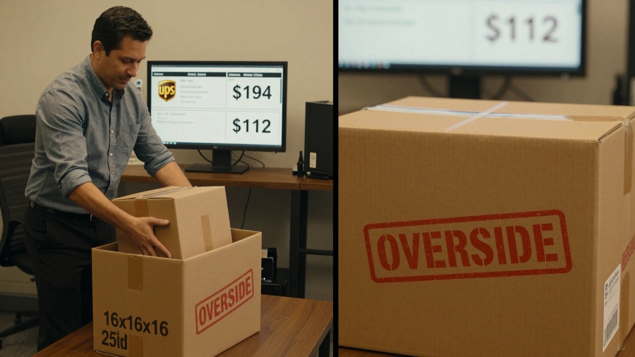 Side-by-side comparison of a compact vs oversized box being packed for international shipping.
