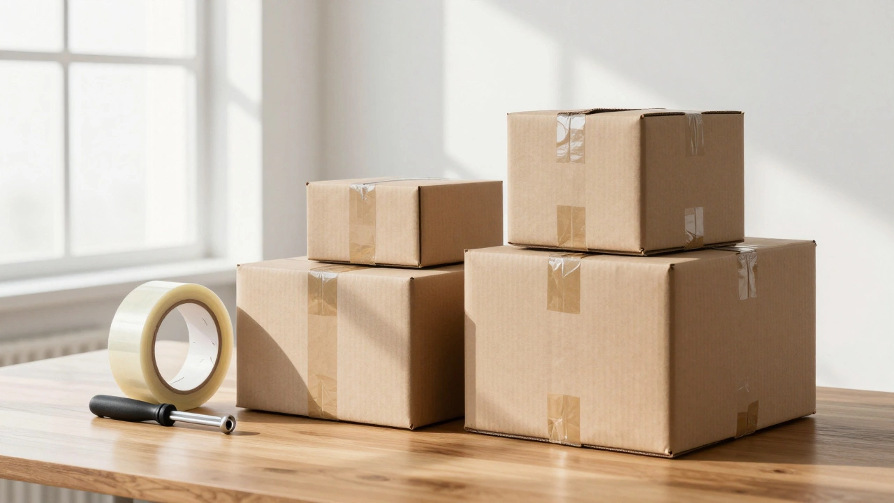 Stacked flat rate mailer boxes with packing tape on a desk.