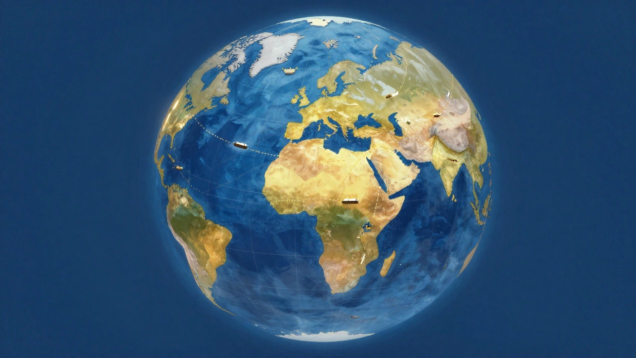 Stylized globe illustration with shipping route lines connecting continents.