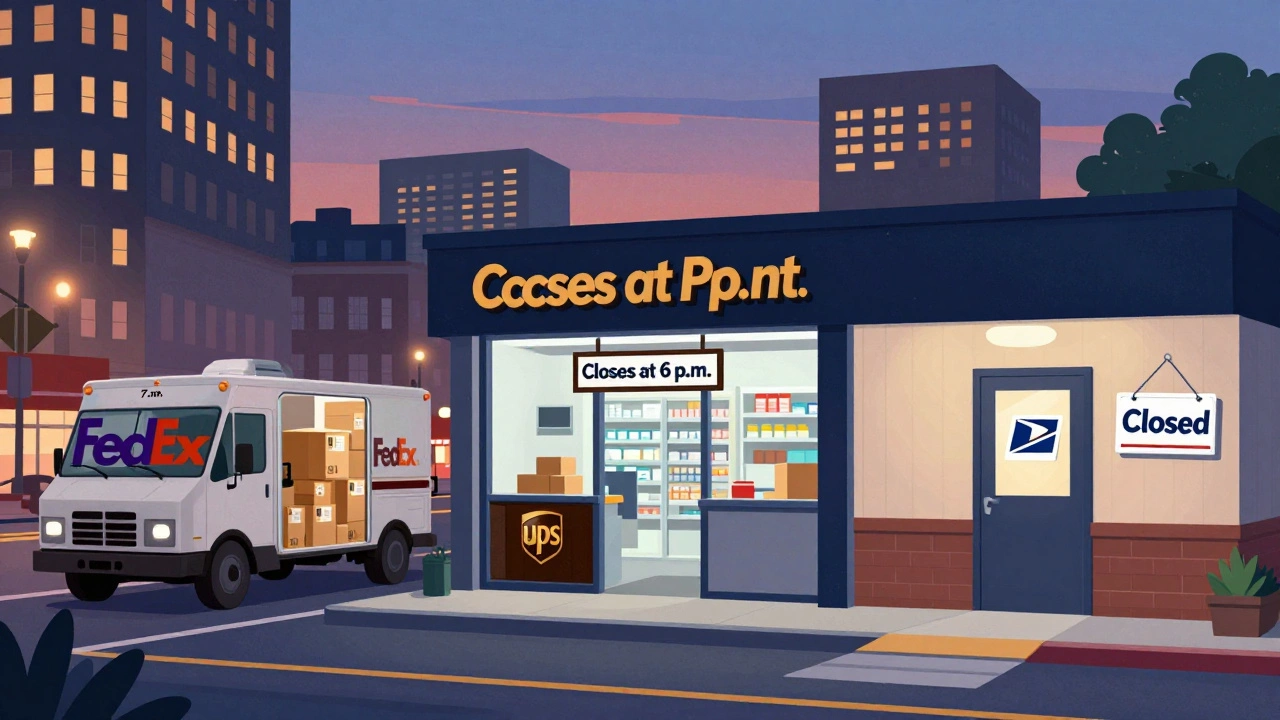 Three different carrier drop-off locations at dusk showing varying cutoff times: FedEx, UPS Access Point, and rural USPS station.