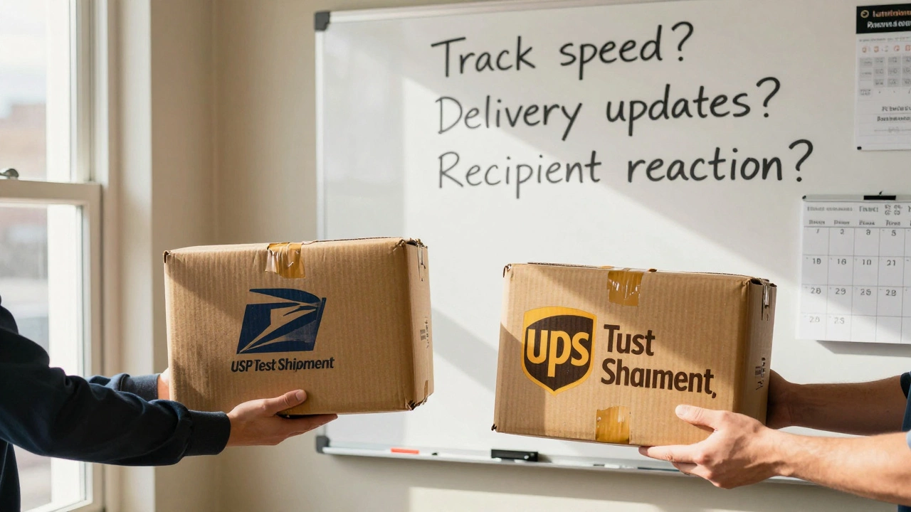 Two identical test packages about to be mailed—one USPS, one UPS—with a whiteboard behind showing tracking comparison notes.