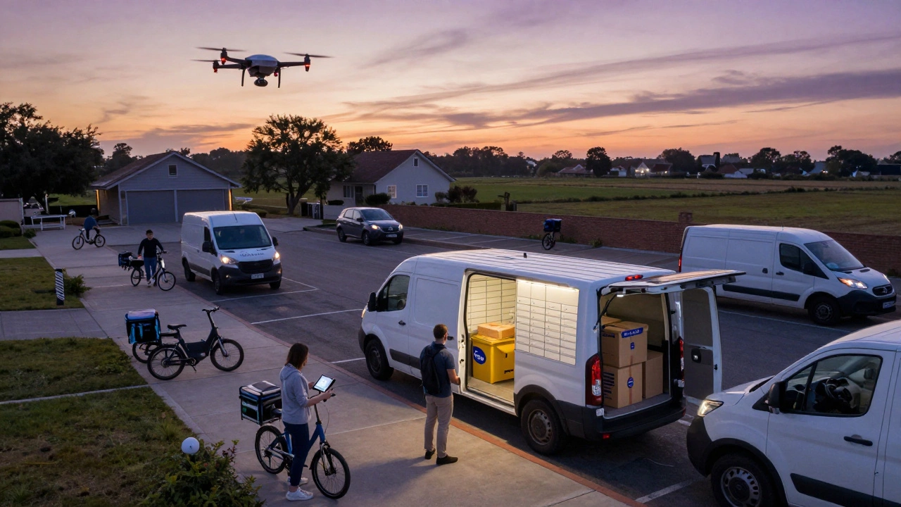 Urban delivery hub at dusk with electric bikes, drones, and vans preparing packages for last-mile delivery.