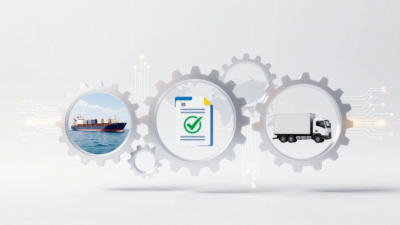 3D conceptual render of interlocking digital gears representing automated global trade.