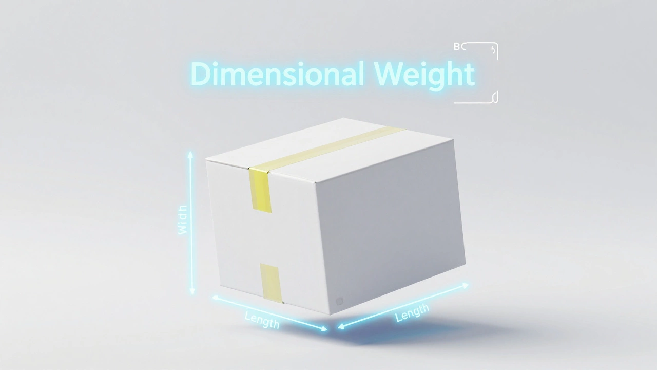 3D render of a package with floating digital dimensions showing dimensional weight.