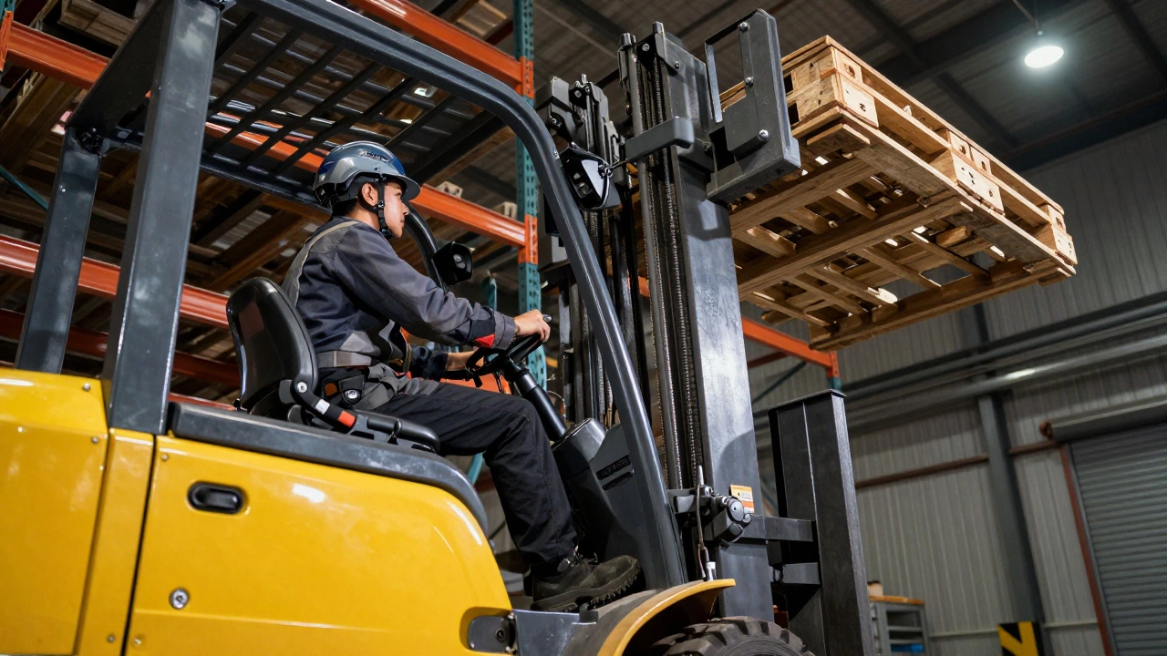 A certified operator using a reach truck forklift to move a pallet in a warehouse.