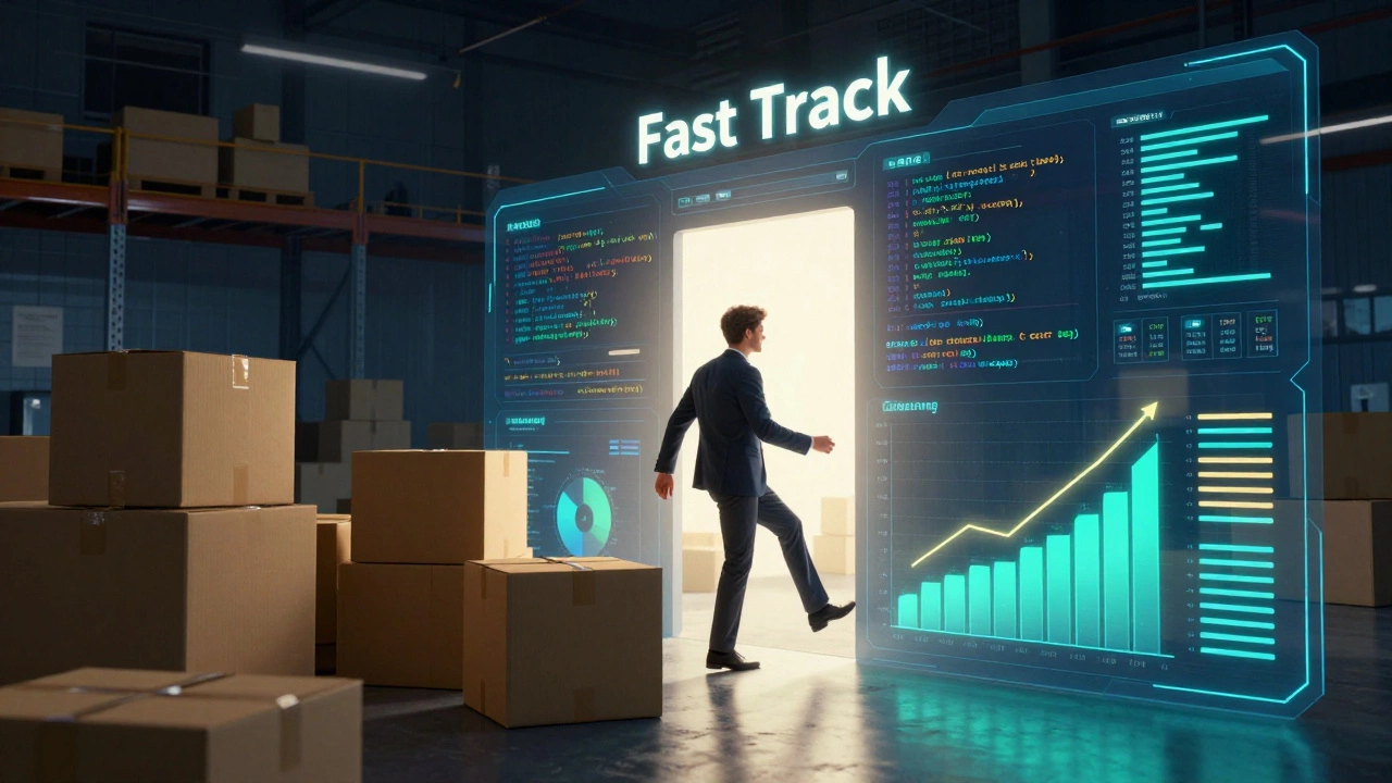 A conceptual image showing a transition from a traditional warehouse to a high-tech data analytics environment.