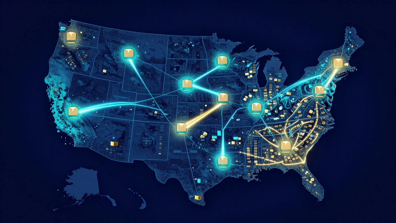 A conceptual map of the USA showing a network of glowing local logistics hubs.