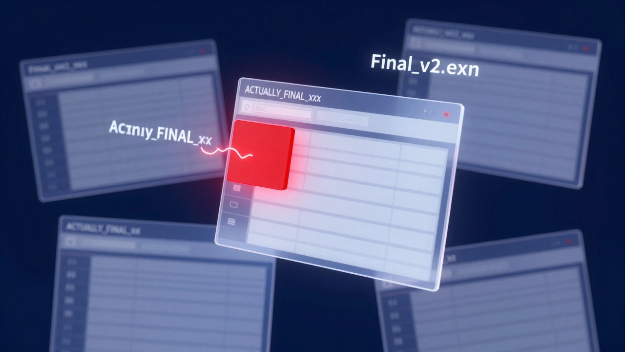 Abstract representation of overlapping spreadsheets symbolizing version control errors and data chaos.