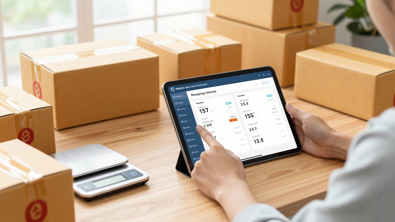 Business owner using shipping software on a tablet to compare courier rates.