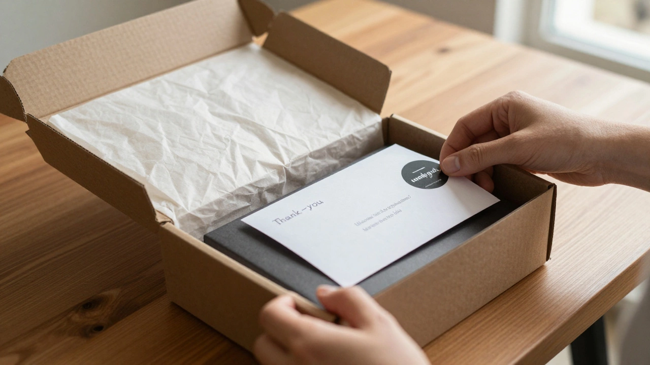 Close-up of a customer opening a premium branded package with custom tissue paper.