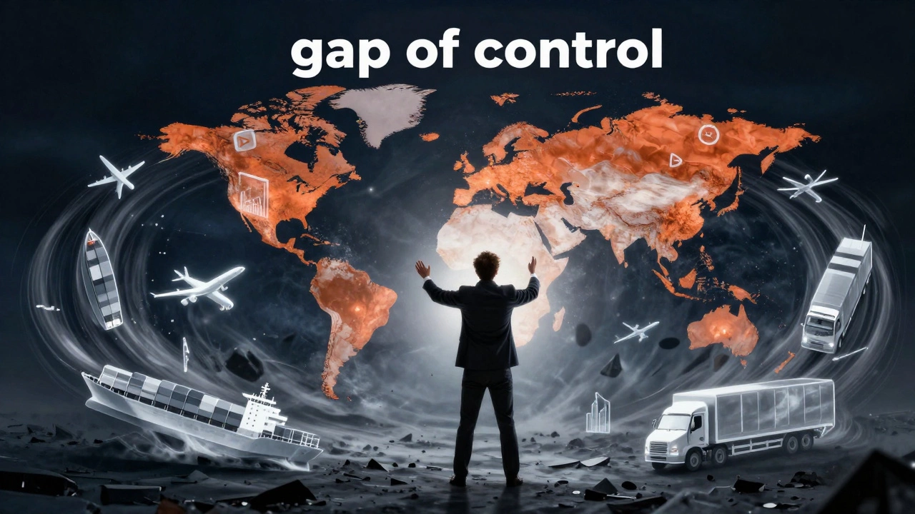 Conceptual art of a person managing a chaotic swirl of global transport icons.