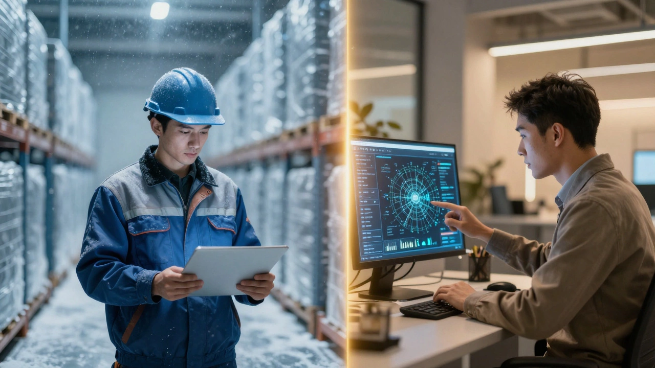 Conceptual image showing the contrast between cold storage work and warehouse management.