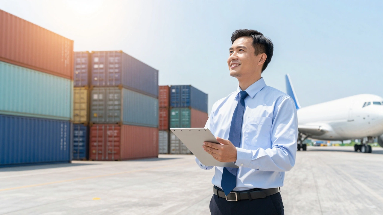 Confident logistics professional in a sunny shipping terminal with containers.