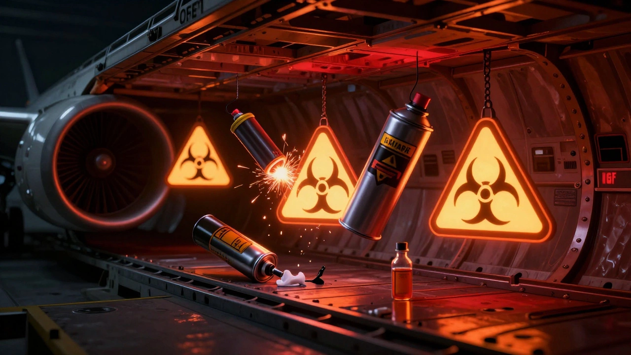 Dangerous prohibited items like batteries and aerosols inside a cargo plane