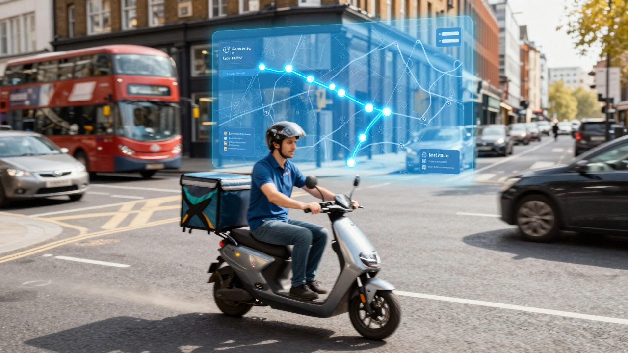 Electric delivery scooter in a city with a digital GPS route map overlay.