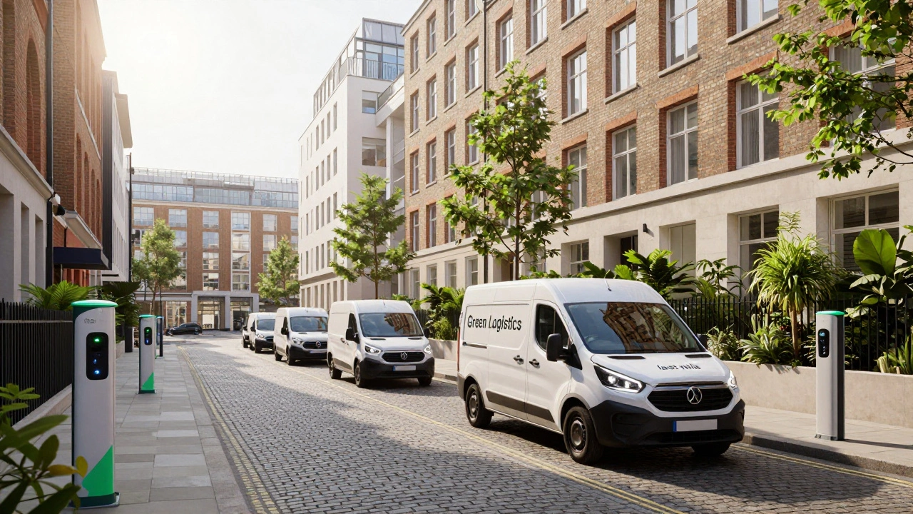 Electric delivery vans navigating a historic European city street with charging stations.