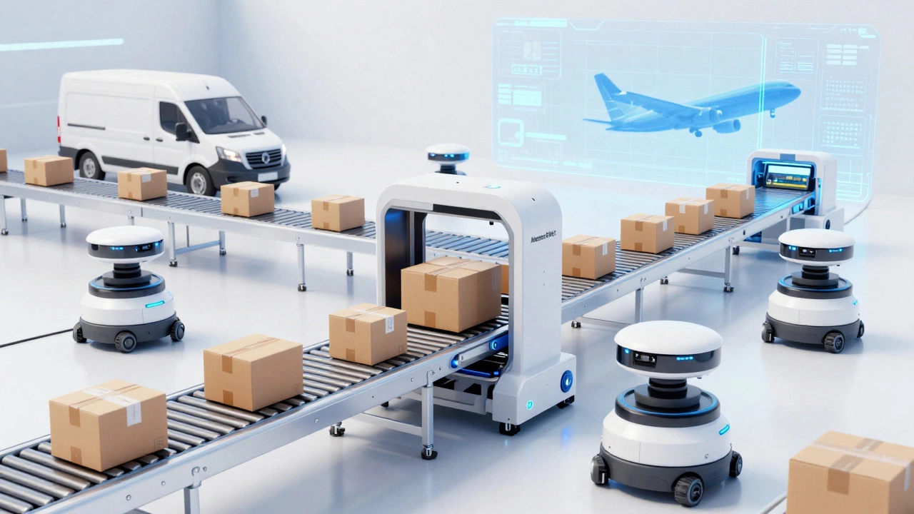 Futuristic automated warehouse with sorting robots and a digital logistics grid.