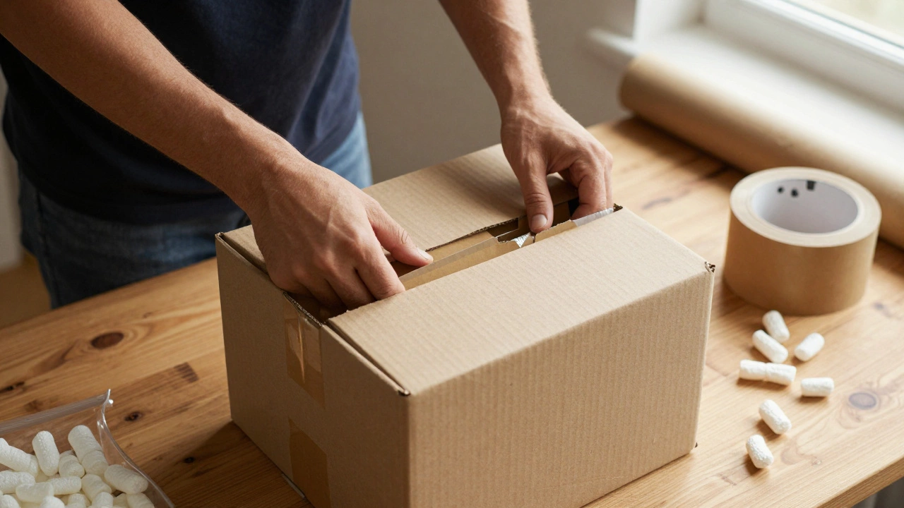 Hands packing a 20 lb item into a small, optimized cardboard box.