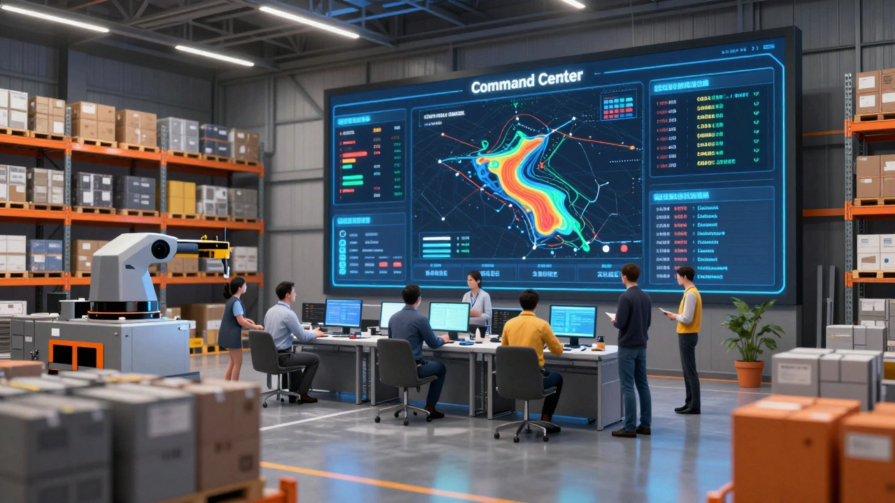 Logistics managers monitoring a large digital dashboard in a modern warehouse.