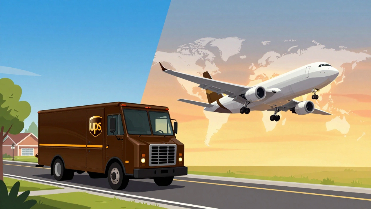 Split view of a UPS delivery truck and a cargo plane over a global map.